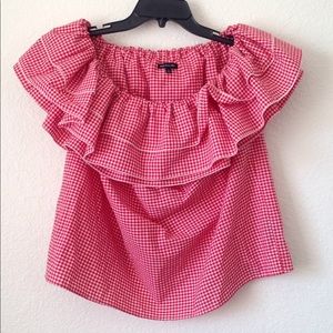 Who What Wear Pink Gingham Ruffle Off-Shoulder Top